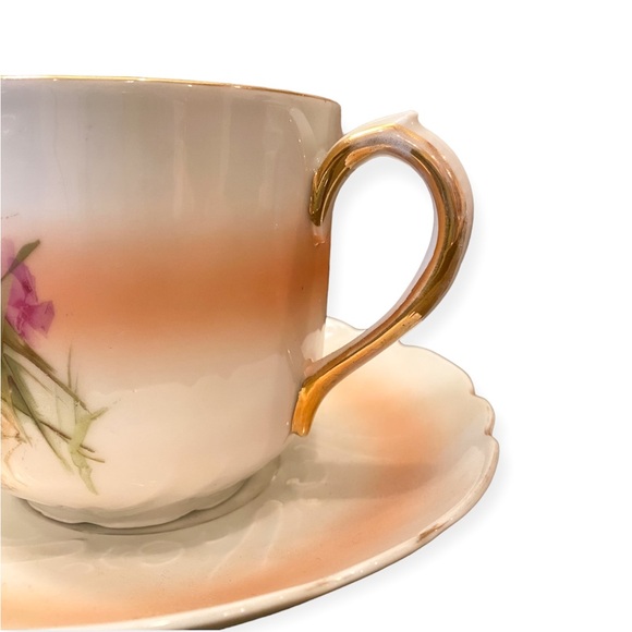 Antique Victorian Hand-Painted Peach Floral XL Shaving Scuttle Mug & Saucer Set - Picture 5 of 12